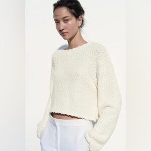 Zara Cream Textured Long Sleeve Cropped Top Women’s Size Small
